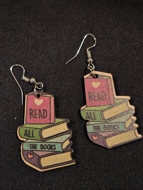 Read All The Books Wooden Dangle Earrings Teacher Book Lover